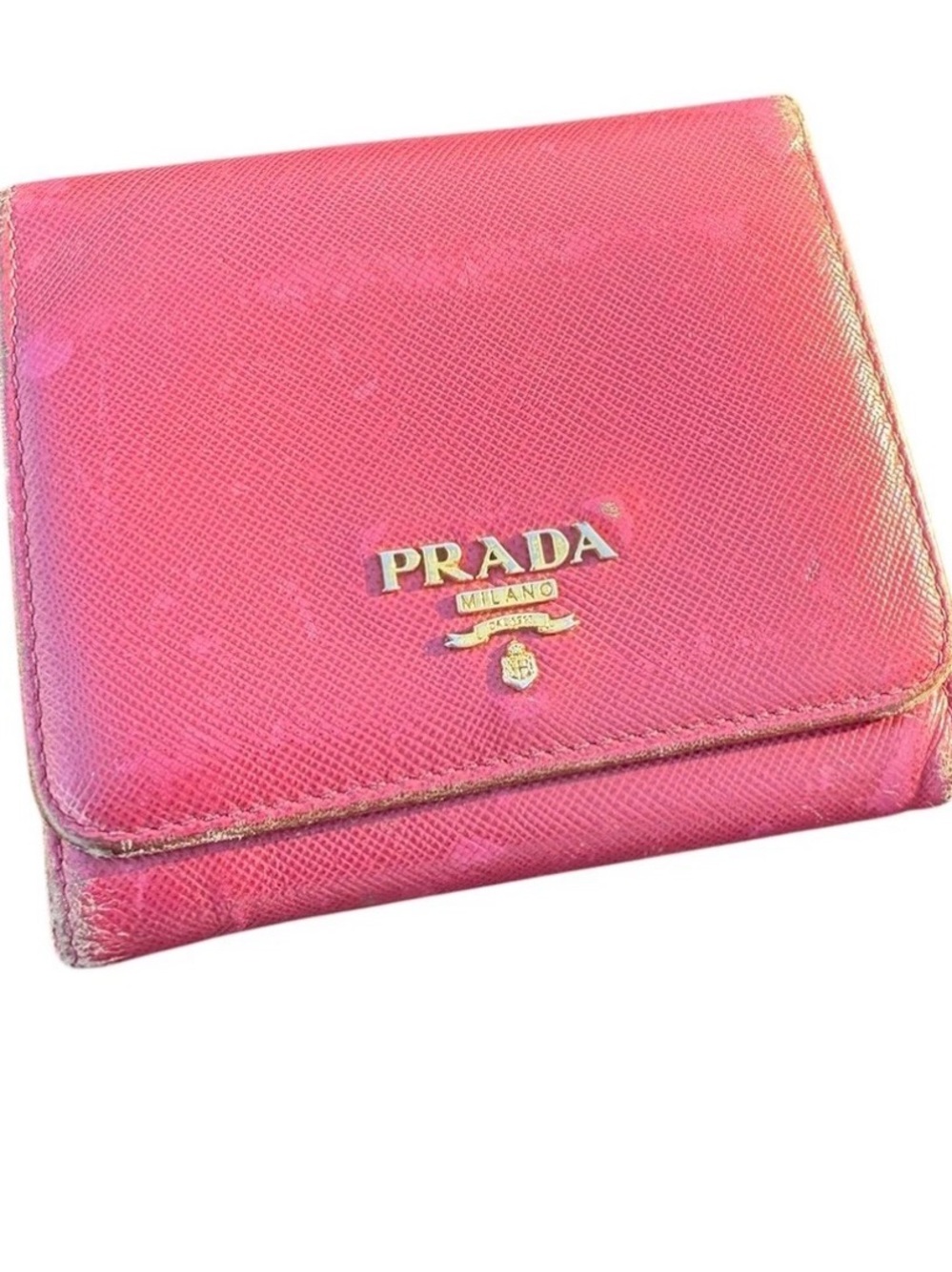 Prada Hot Pink Saffiano Leather Compact Wallet with Gold Logo